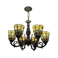 6 Bulbs Bell Hanging Light with Bead Tiffany Vintage Glass Chandelier in Yellow - Rebooters