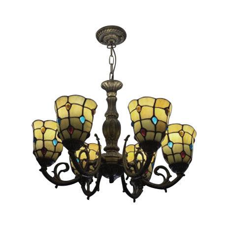 6 Bulbs Bell Hanging Light with Bead Tiffany Vintage Glass Chandelier in Yellow - Rebooters