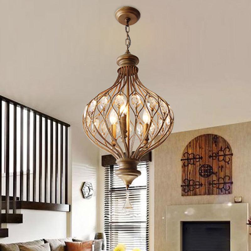 Beveled Glass Crystal Lantern Chandelier Contemporary 3-Light Living Room Hanging Pendant Light in Bronze - Rebooters