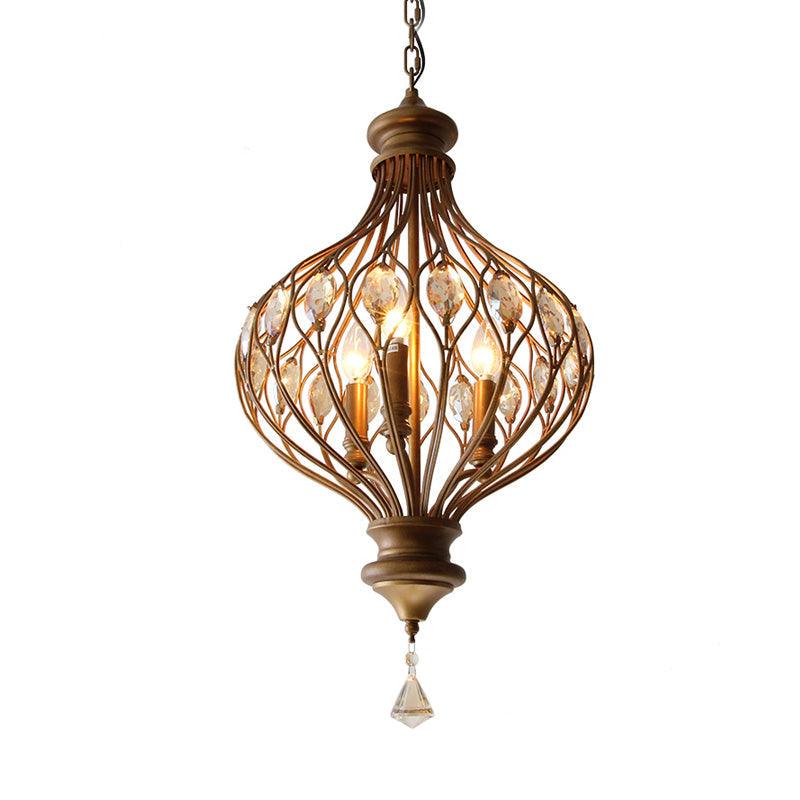 Beveled Glass Crystal Lantern Chandelier Contemporary 3-Light Living Room Hanging Pendant Light in Bronze - Rebooters