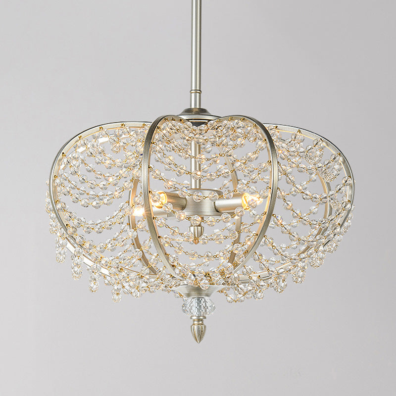 2-Light Ceiling Hang Fixture Post Modern Chain Crystal Bead Pendant Chandelier in Silver for Guest Room - Rebooters