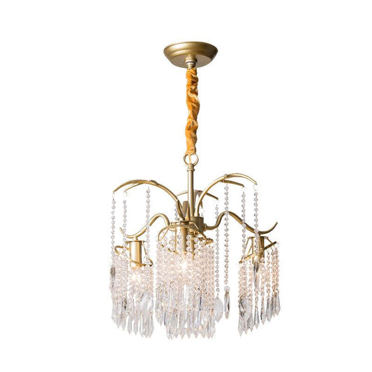 4 Bulbs Chandelier Light Post Modern Windbell Crystal Bead Pendant Light in Gold - Rebooters