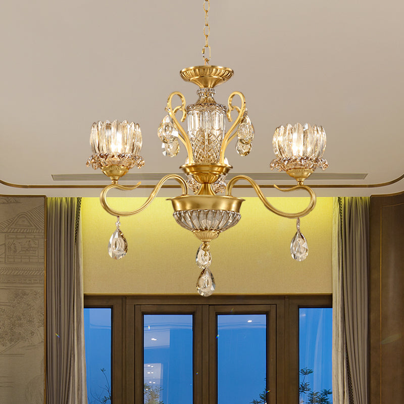 Beveled Glass Crystal Gold Suspended Light Lotus 3-Bulb Chandelier - Rebooters