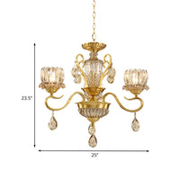 Beveled Glass Crystal Gold Suspended Light Lotus 3-Bulb Chandelier - Rebooters