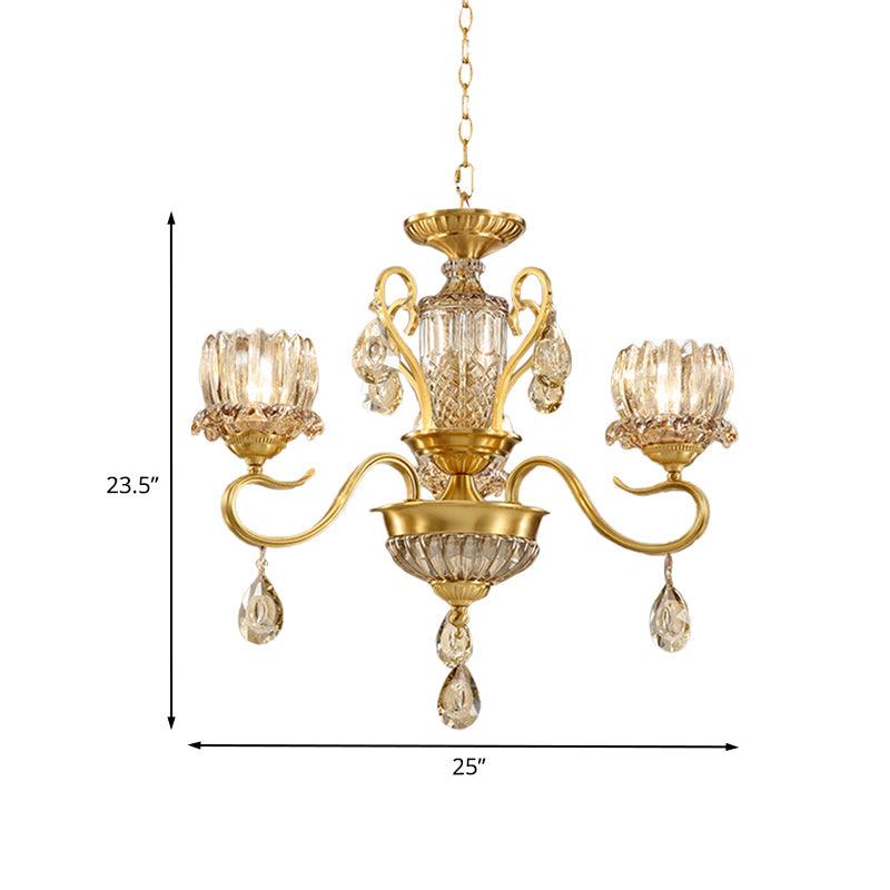 Beveled Glass Crystal Gold Suspended Light Lotus 3-Bulb Chandelier - Rebooters