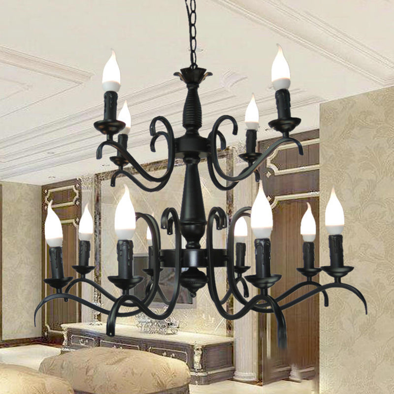 2-Tier Candle Living Room Chandelier Traditional Metal 3 Bulbs Black Finish Ceiling Light - Rebooters