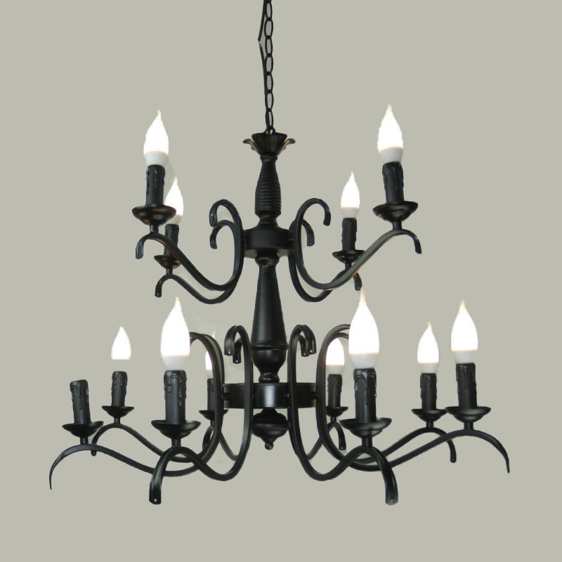 2-Tier Candle Living Room Chandelier Traditional Metal 3 Bulbs Black Finish Ceiling Light - Rebooters