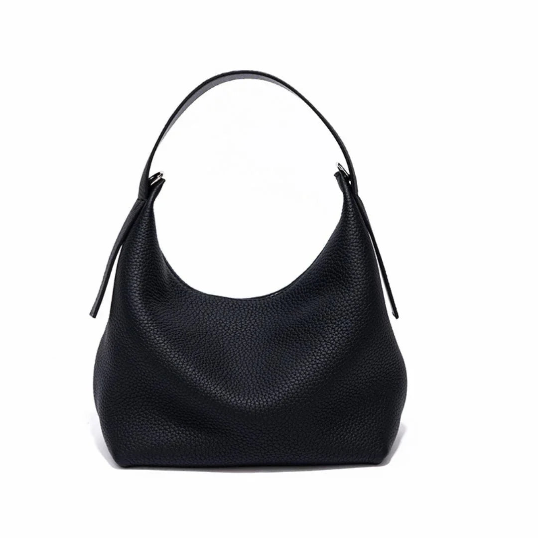 Black leather hobo bag with single strap on white background