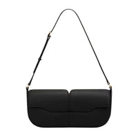 Black leather shoulder bag with adjustable strap and minimalistic design on white background