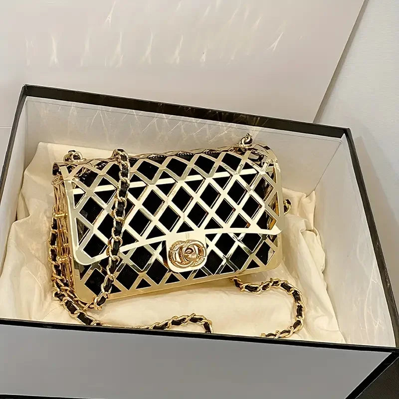 Luxury black and gold lattice handbag with chain strap in gift box