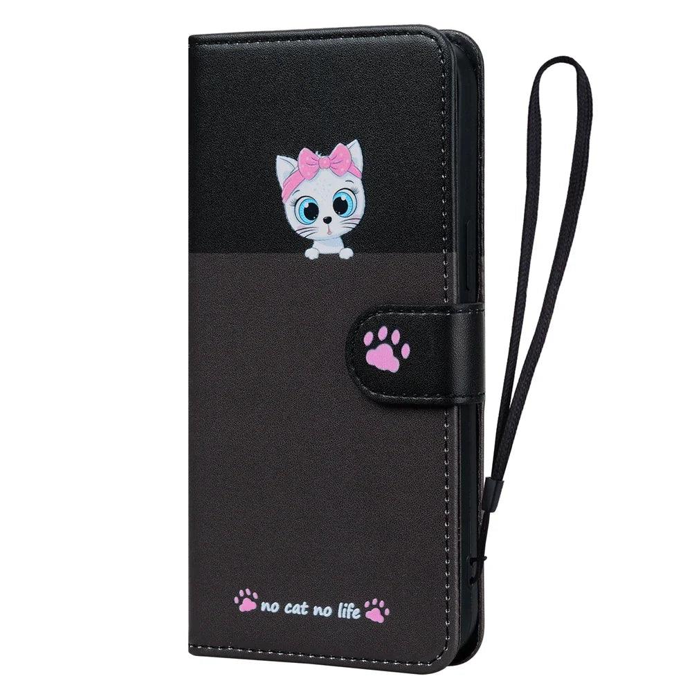 Adorable Cat-Themed Leather Wallet Flip Case for iPhone 13 - Rebooters