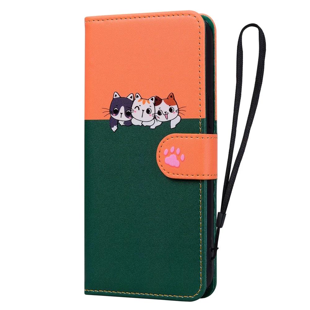 Adorable Cat-Themed Leather Wallet Flip Case for iPhone 13 - Rebooters