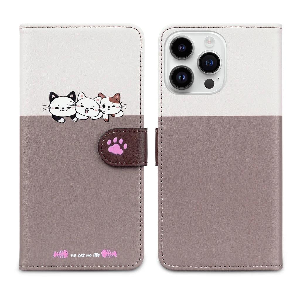 Adorable Cat-Themed Leather Wallet Flip Case for iPhone 13 - Rebooters
