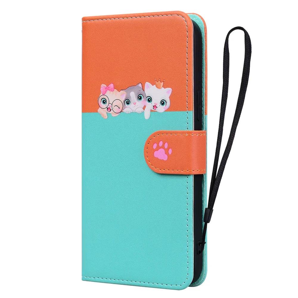 Adorable Cat-Themed Leather Wallet Flip Case for iPhone 13 - Rebooters