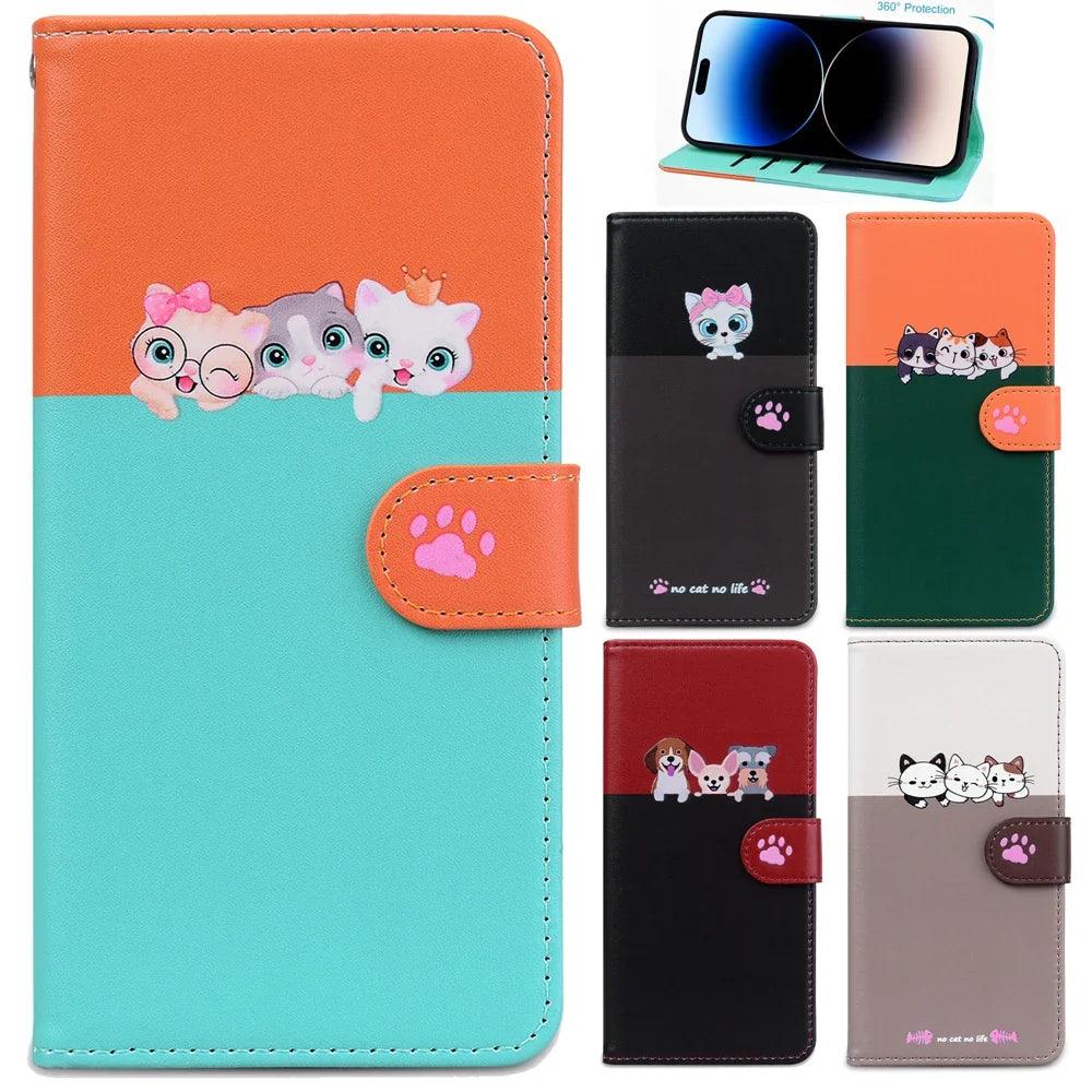 Adorable Cat-Themed Leather Wallet Flip Case for iPhone 13 - Rebooters