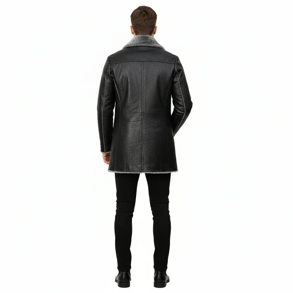 Man wearing a black leather coat with gray fur lining on a white background