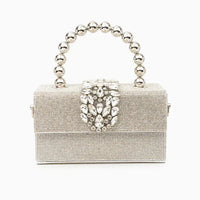 Silver crystal box clutch with jeweled clasp and metallic beaded handle on white background
