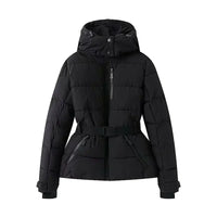Black puffer jacket with a hood on a white background