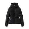Black puffer jacket with a hood on a white background