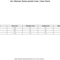 Size chart for Arc Women Parka Jacket Coat with measurements in centimeters.