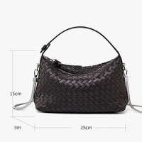 Black woven leather handbag with top handle, chain strap, and size dimensions 25x15x9cm