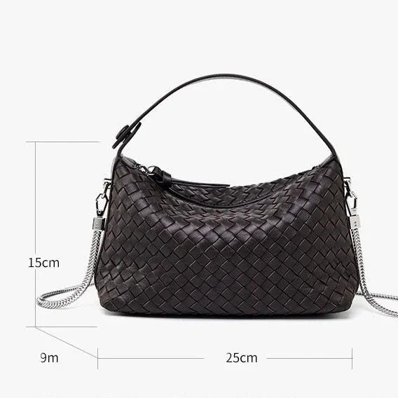 Black woven leather handbag with top handle, chain strap, and size dimensions 25x15x9cm