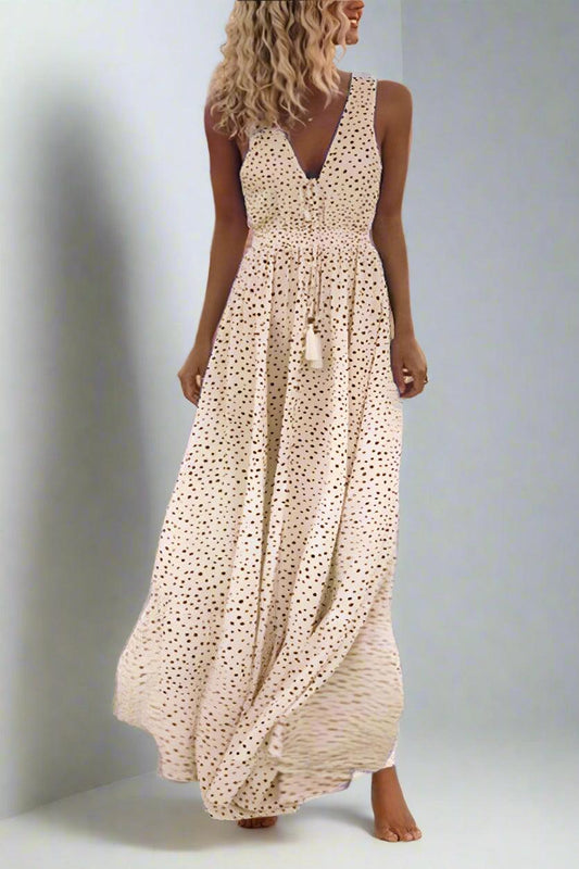Mila Polka Dot V-Neck Maxi Dress with Flowing Silhouette - Rebooters -Women's Dresses