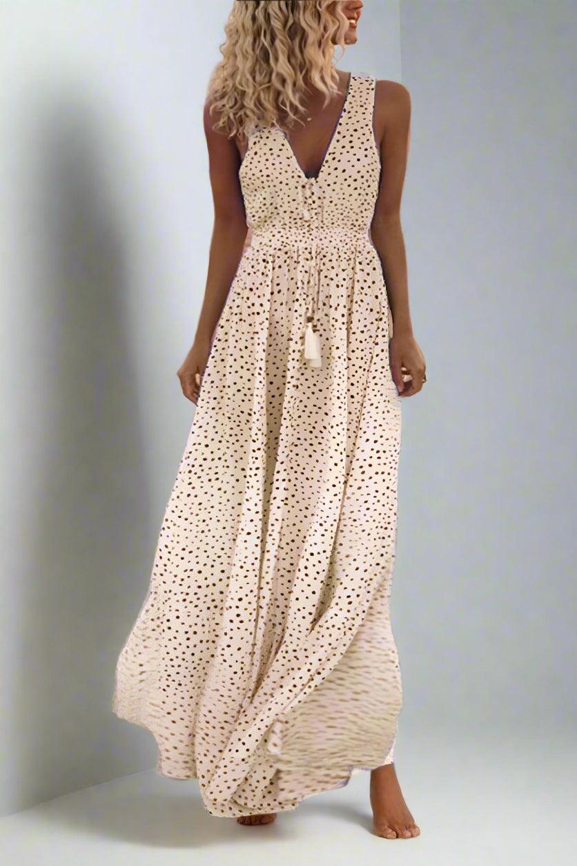 Mila Polka Dot V-Neck Maxi Dress with Flowing Silhouette - Rebooters -Women's Dresses