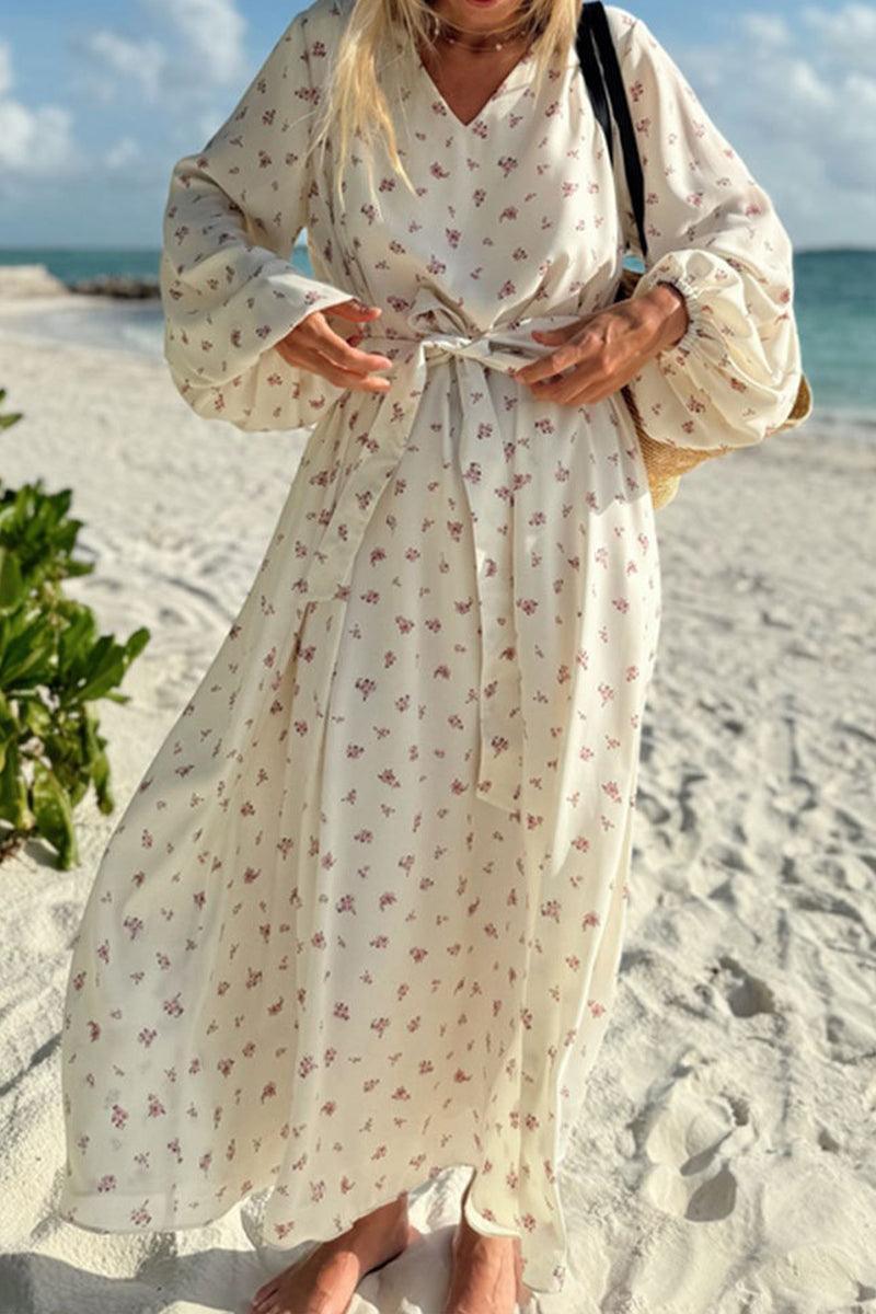 Scarlett Flowing V-neck Chiffon Dress with Adjustable Waist Tie for Elegant Beachwear - Rebooters -Women's Dresses