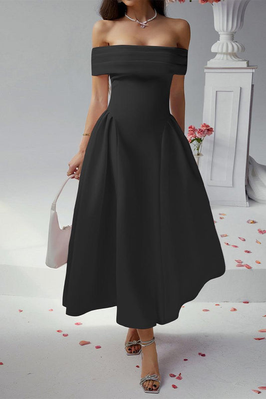 Erin Off-Shoulder Pleated A-Line Midi Dress for Events Rebooters Maxi Women's Dresses