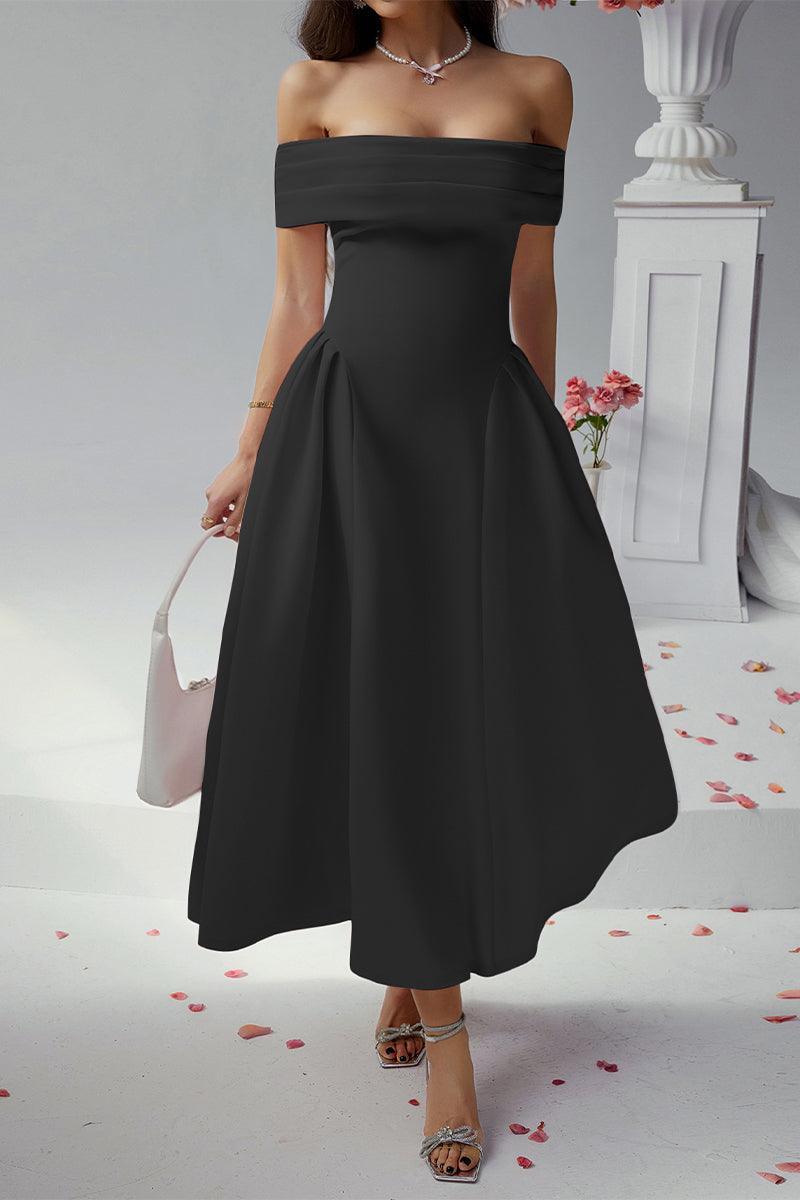 Erin Off-Shoulder Pleated A-Line Midi Dress for Events Rebooters Maxi Women's Dresses