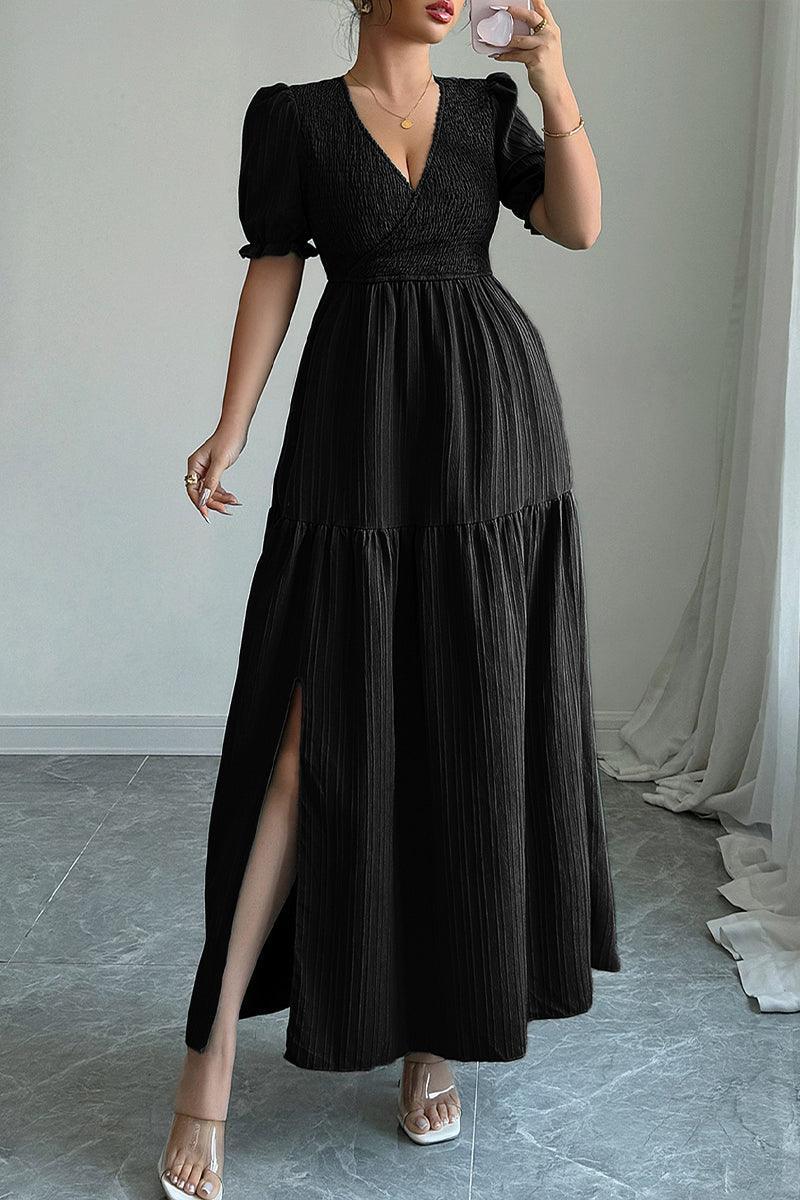 Elegant Elise Puff Sleeve Smocked Waist Split Maxi Dress Rebooters Maxi Women's Dresses