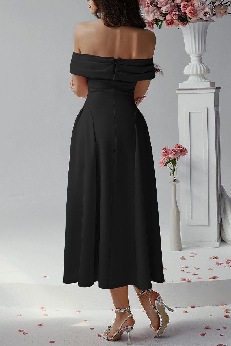 Erin Off-Shoulder Pleated A-Line Midi Dress for Events Rebooters Maxi Women's Dresses