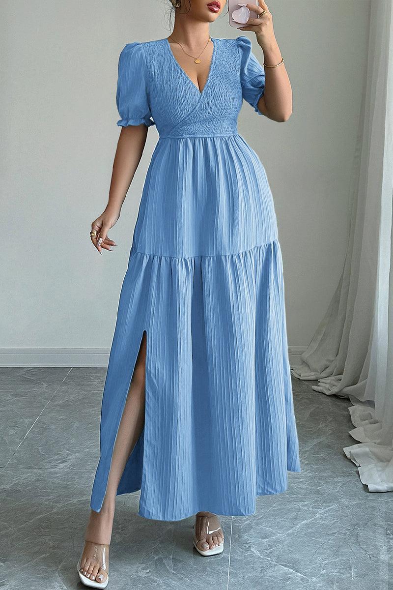 Elegant Elise Puff Sleeve Smocked Waist Split Maxi Dress Rebooters Maxi Women's Dresses
