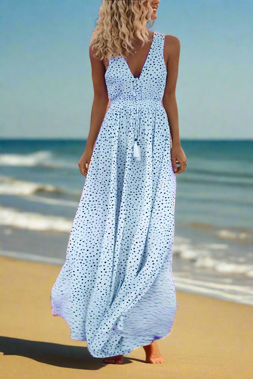 Mila Polka Dot V-Neck Maxi Dress with Flowing Silhouette - Rebooters -Women's Dresses