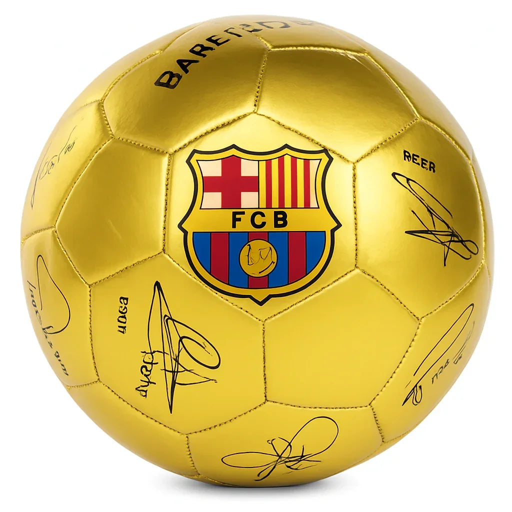 Gold soccer ball with FC Barcelona logo and signatures on a white background