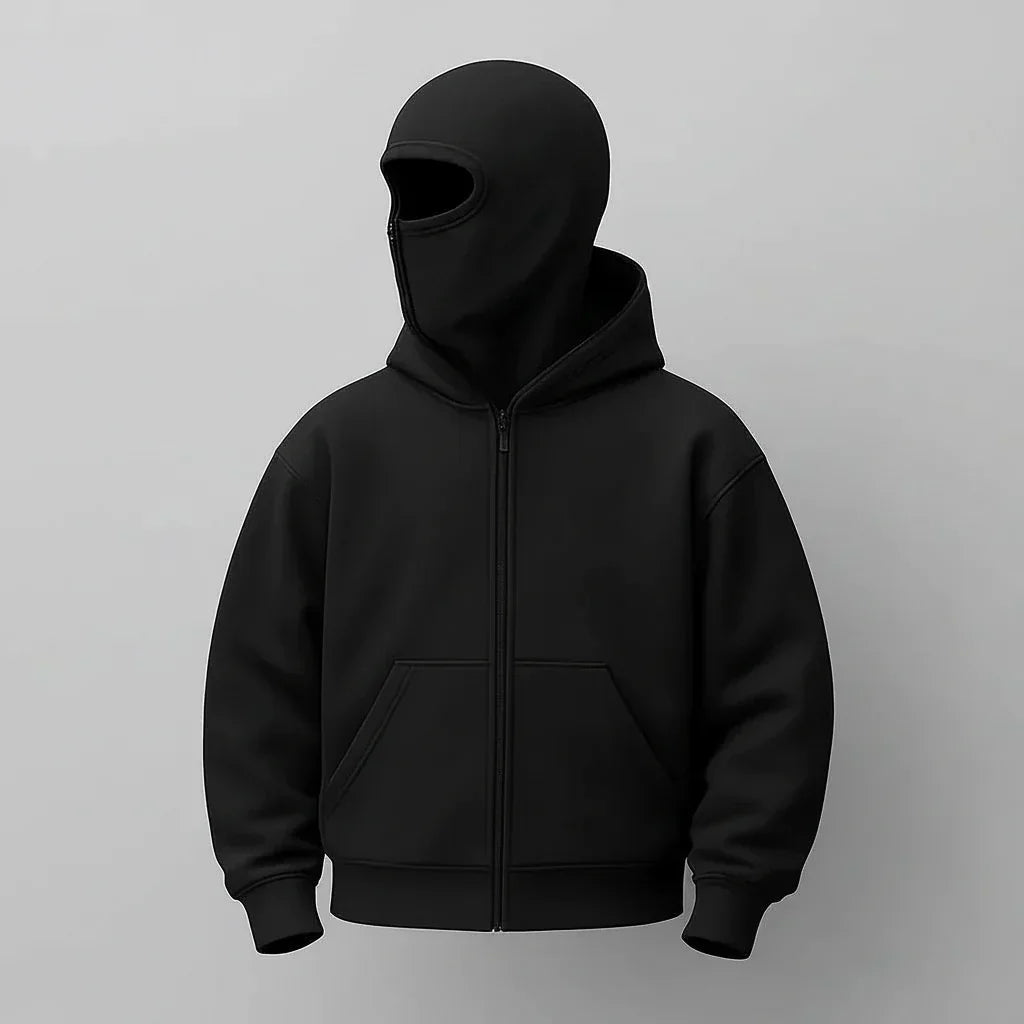 Black hoodie with Balaclava on a Gray background