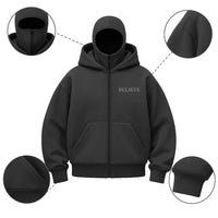 Black hoodie with 'BELIEVE' text on a white background