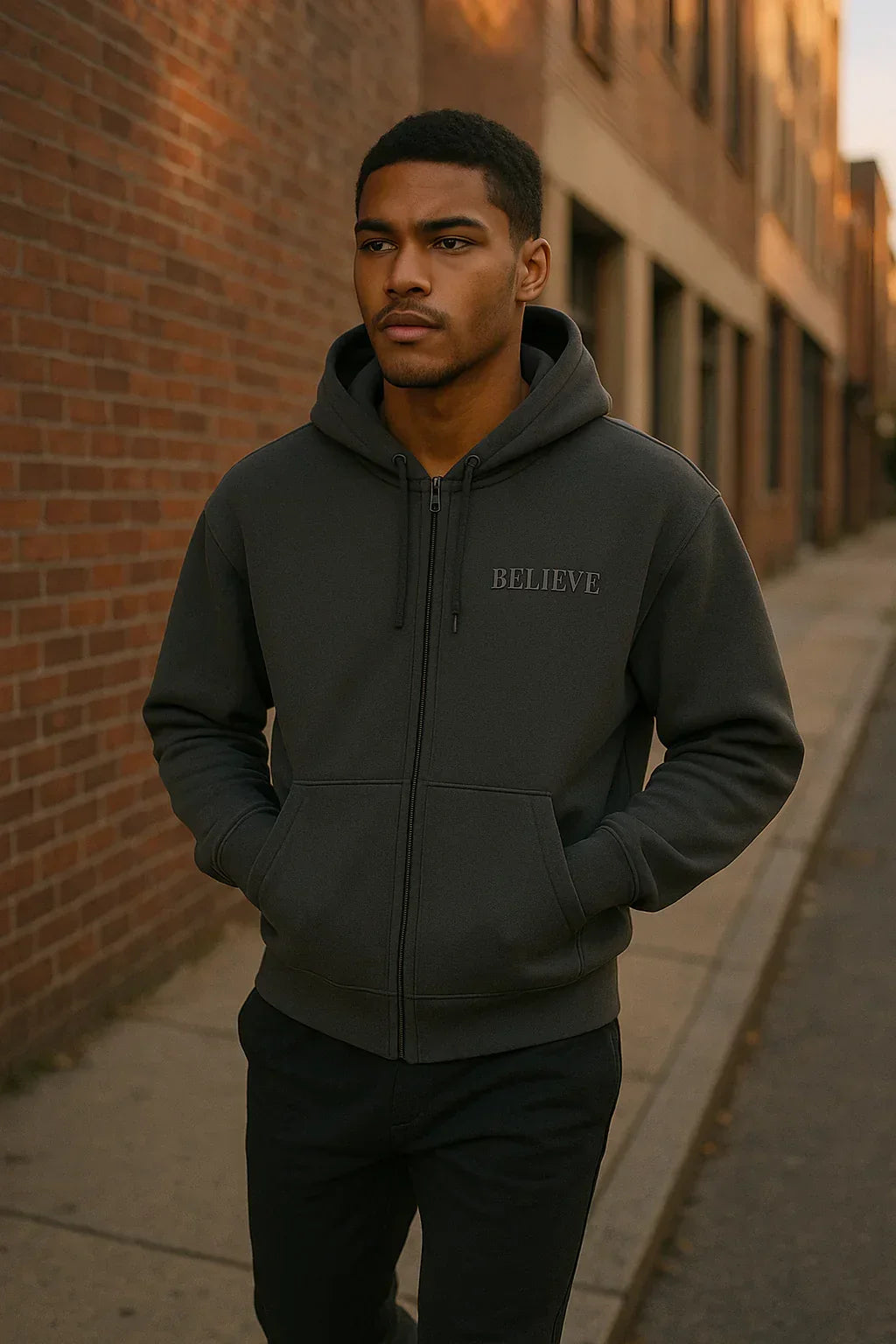 Man wearing a dark hoodie with 'BELIEVE' text, standing against a brick wall.