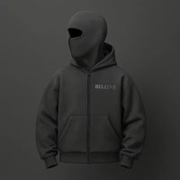 Black hoodie with 'BELIEVE' text on a dark gray background