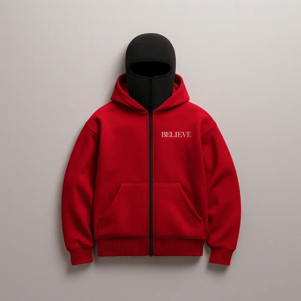Red hoodie with 'BELIEVE' text on a gray background