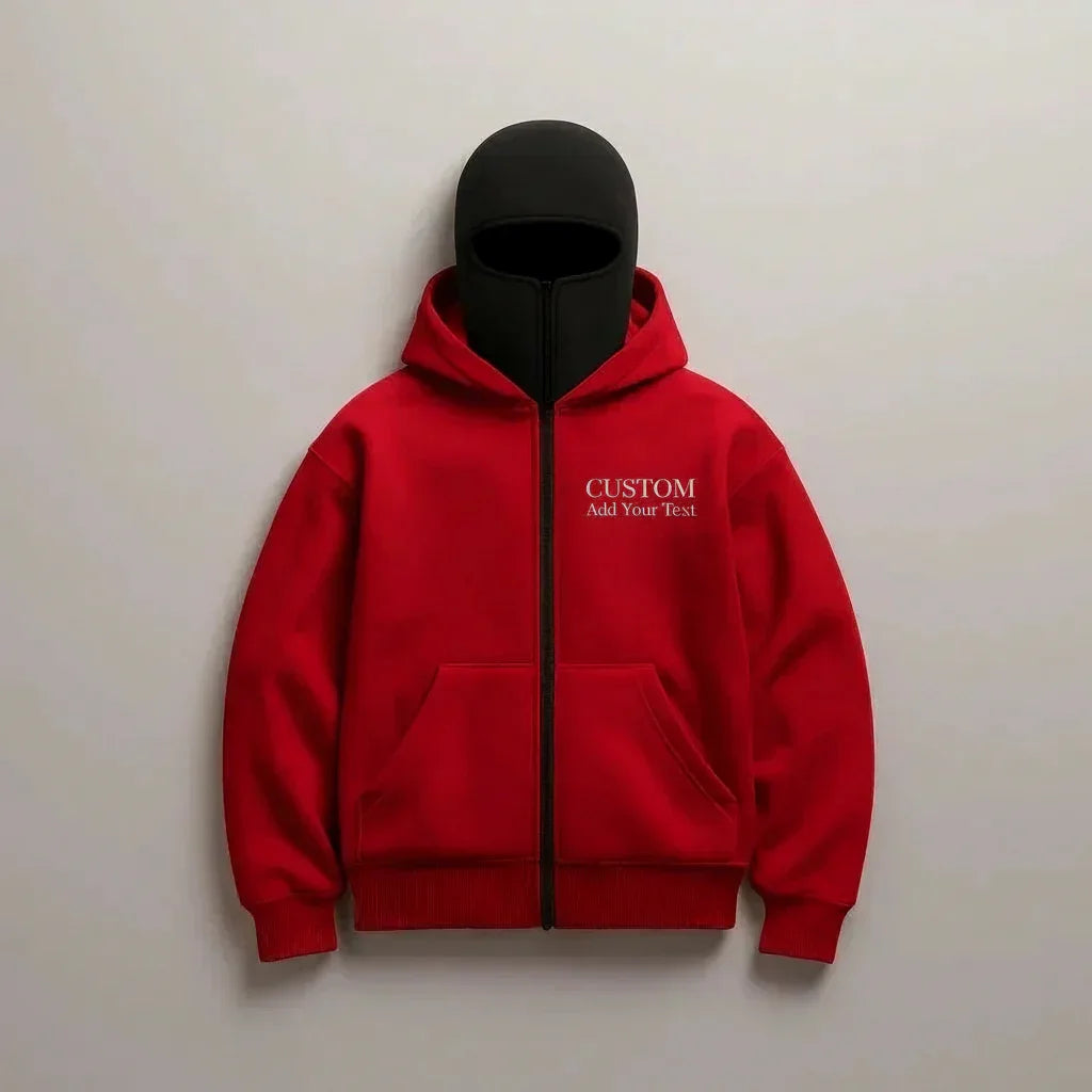 Red hoodie with 'CUSTOM Add Your Text' against a plain background