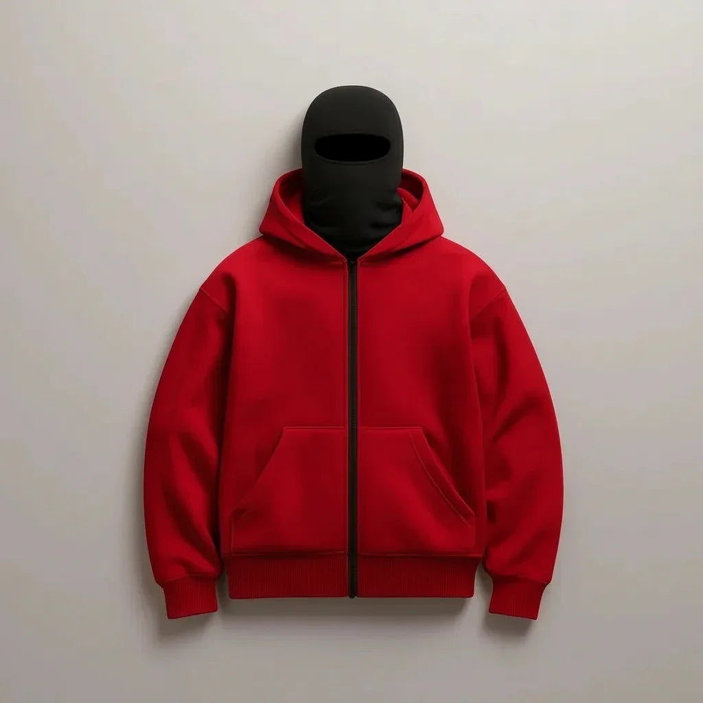 Red hoodie with Balaclava on a against a plain background
