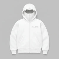White hoodie with 'BELIEVE' text on a white background