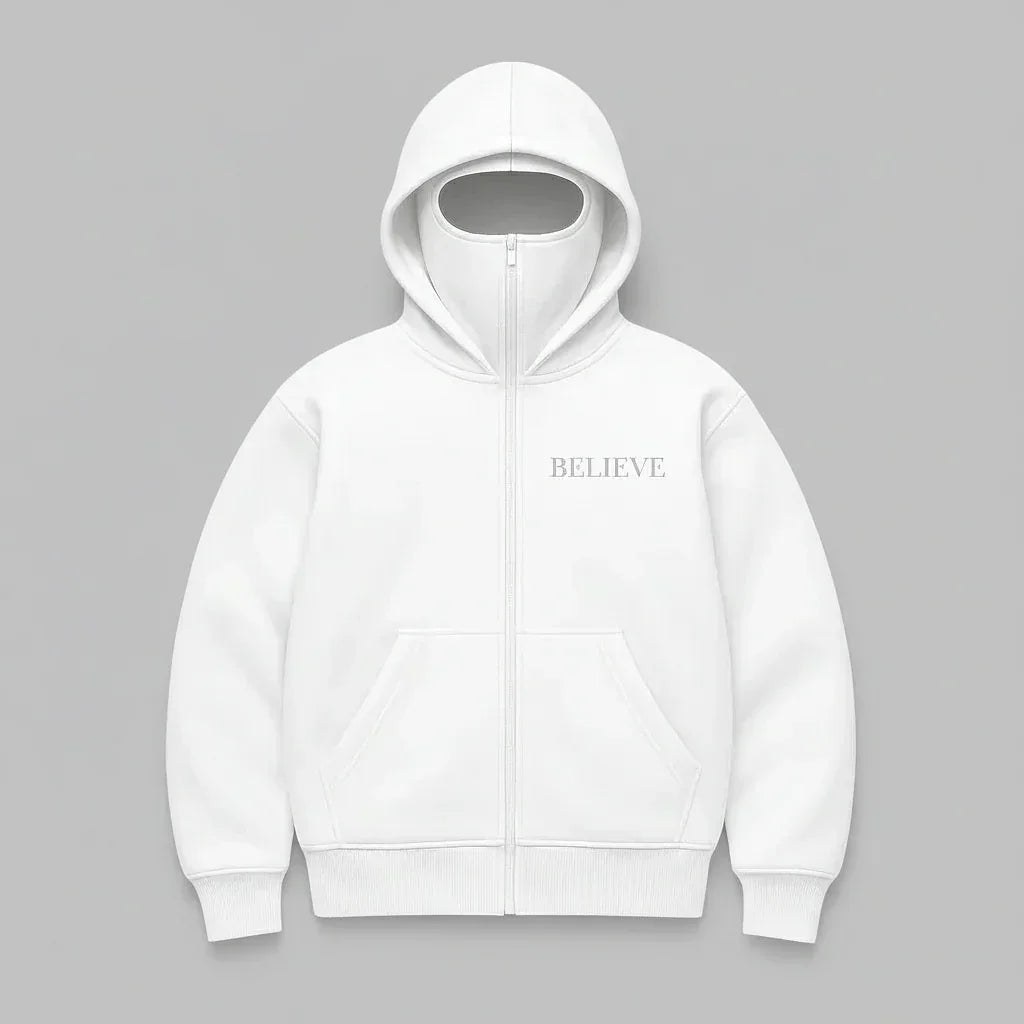 White hoodie with 'BELIEVE' text on a white background