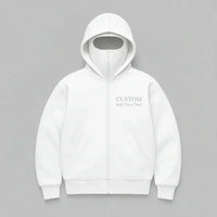White hoodie with 'CUSTOM
Add Your Text' on a Gray background