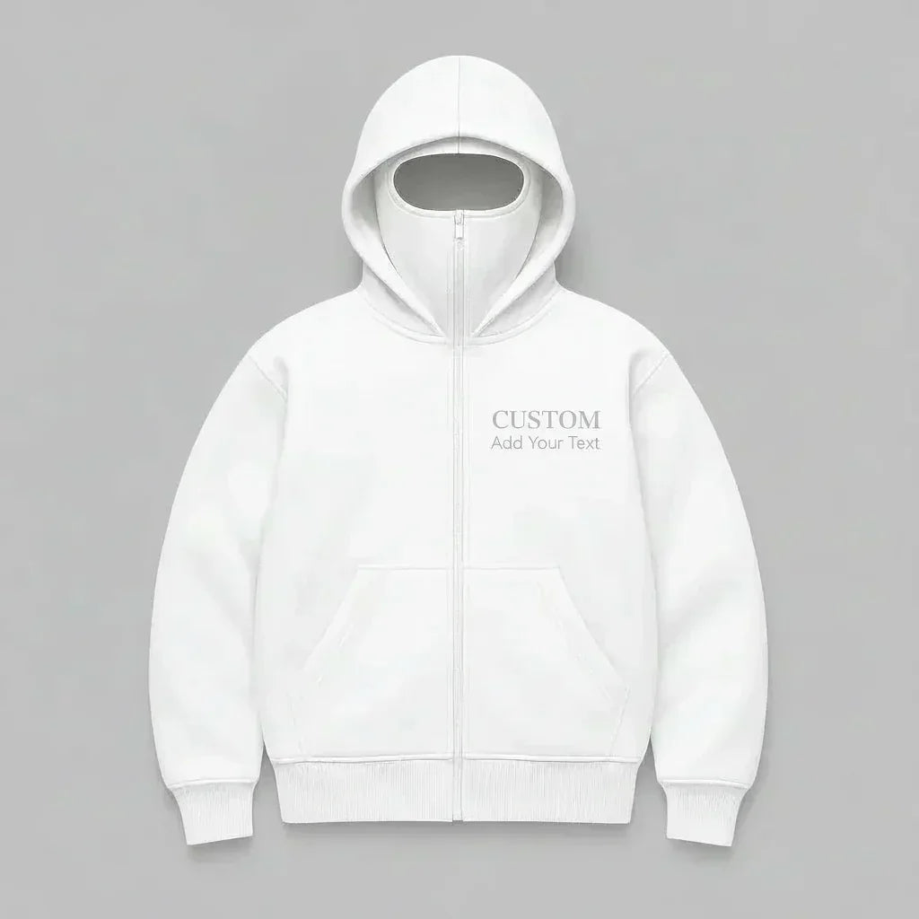 White hoodie with 'CUSTOM
Add Your Text' on a Gray background