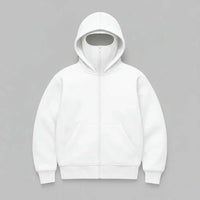 White Men's hoodie with Balaclava on a Gray background