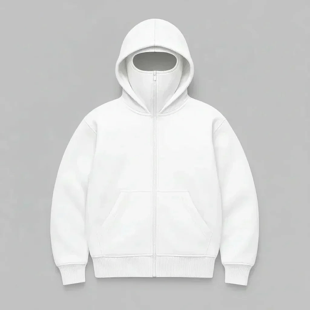 White Men's hoodie with Balaclava on a Gray background