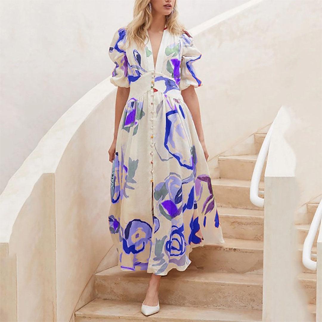 Elegant Irene Women's Maxi Dress with Puff Sleeves and V-Neck Rebooters Maxi Women's Dresses